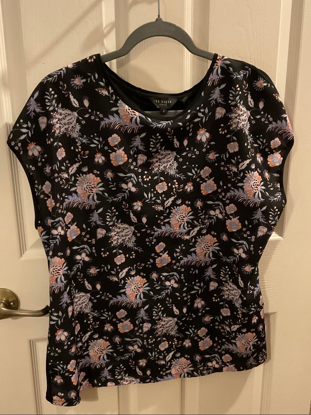 Ted Baker Black Floral Cap Sleeve Tee with Pink and Lavender Blossoms